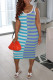 Light Blue Casual Striped Print Patchwork U Neck One Step Skirt Dresses