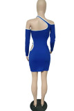 Blue Sexy Solid Hollowed Out Split Joint Asymmetrical Asymmetrical Collar Dresses
