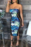 Blue Fashion Sexy Print Patchwork Frenulum Backless Strapless Sleeveless Dress Dresses