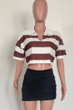 Coffee Casual Striped Print Patchwork Turndown Collar T-Shirts