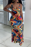 Tangerine Red Sexy Print Patchwork Square Collar Pencil Skirt Dresses