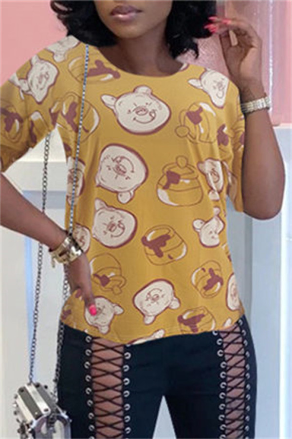 Dark Yellow Fashion Casual Print Basic O Neck T-Shirts
