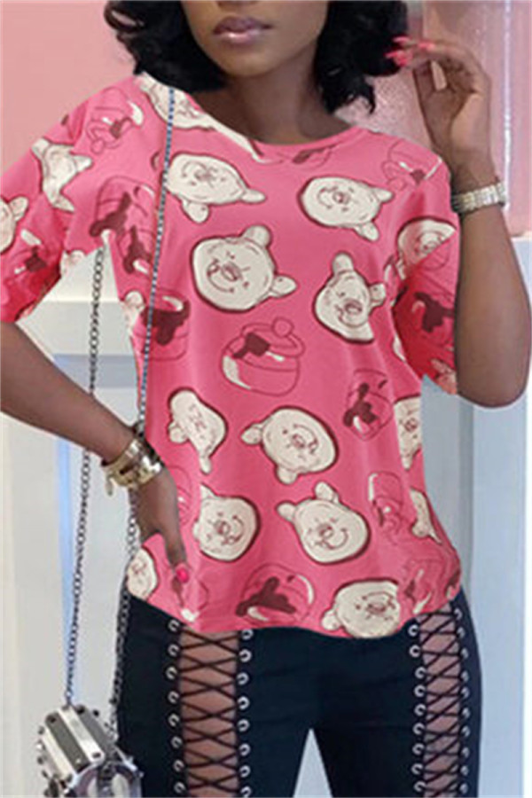 Rose Red Fashion Casual Print Basic O Neck T-Shirts