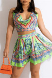 Green Fashion Print Backless Strap Design Halter Sleeveless Two Pieces