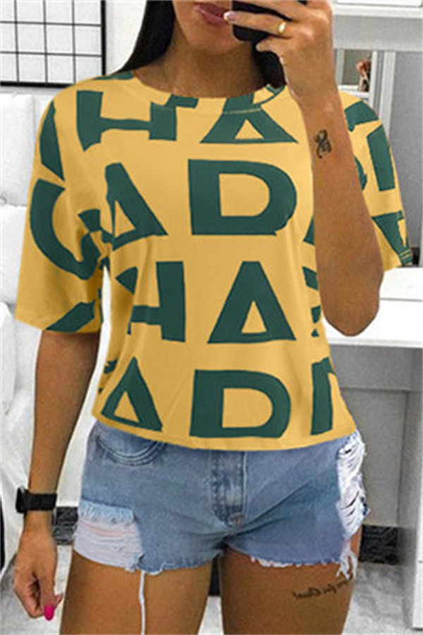 Yellow Fashion Casual Print Basic O Neck T-Shirts