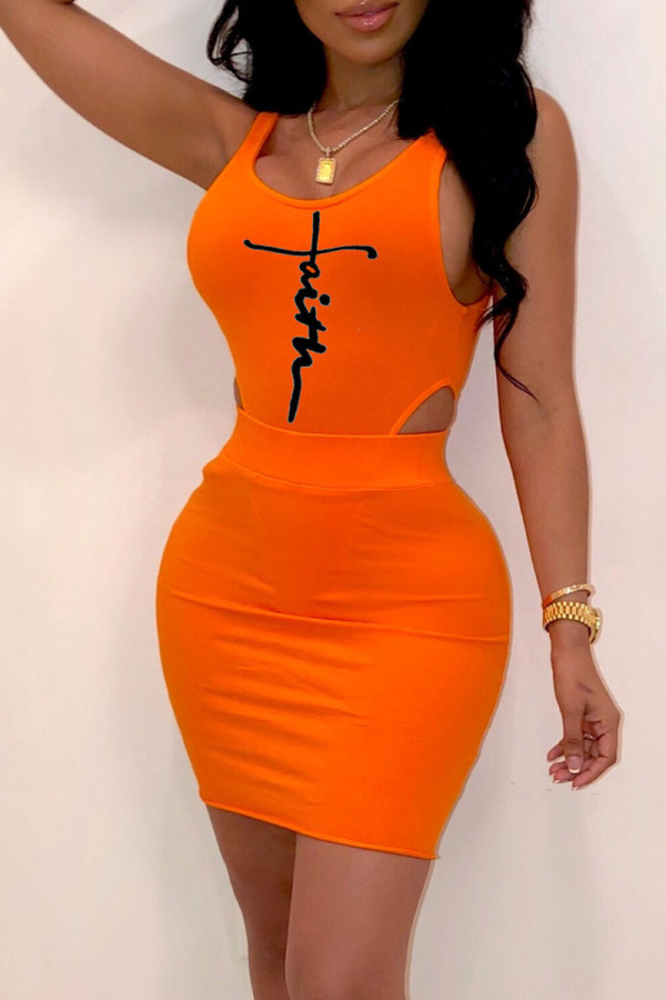 Orange Sexy Print Patchwork U Neck Two Pieces
