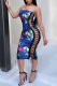 Blue Fashion Sexy Print Patchwork Frenulum Backless Strapless Sleeveless Dress Dresses