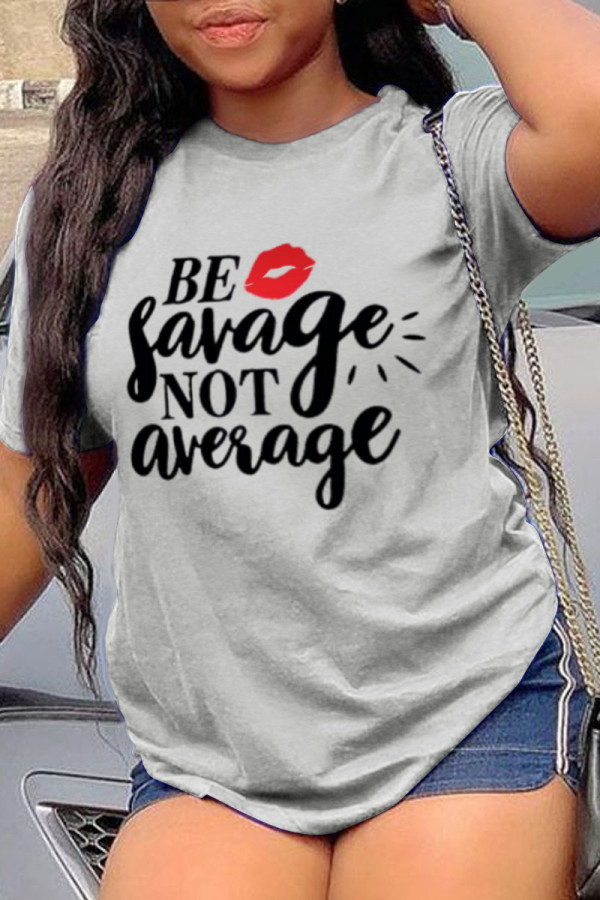 Grey Fashion Casual Print Patchwork Letter O Neck T-Shirts