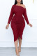 Burgundy Fashion Sexy Solid Patchwork Draw String Oblique Collar Long Sleeve Dresses