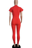 Red Casual Solid Patchwork Zipper Collar Regular Jumpsuits
