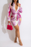 Pink Fashion Casual Print Fold Shirt Collar Shirt Dress Dresses
