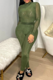 Green Sexy Solid Patchwork Half A Turtleneck Long Sleeve Two Pieces