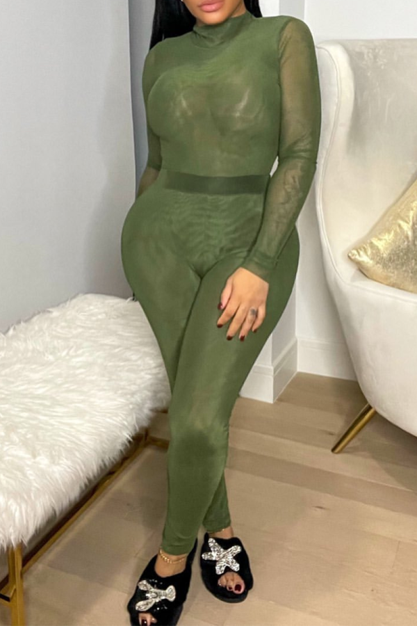Green Sexy Solid Patchwork Half A Turtleneck Long Sleeve Two Pieces