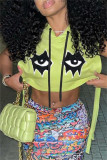Green Fashion Casual Print Bandage Hooded Collar Tops