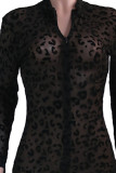 Black Print Leopard Split Joint See-through Zipper Collar Skinny Jumpsuits