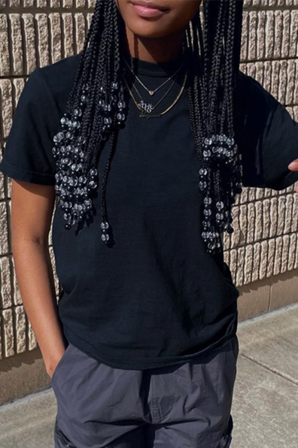 Black Fashion Casual Solid Basic O Neck T-Shirts