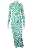 Green Fashion Casual Plaid Print Basic Turtleneck Long Sleeve Dresses