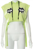 Green Fashion Casual Print Bandage Hooded Collar Tops