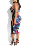 Blue Fashion Sexy Print Patchwork Frenulum Backless Strapless Sleeveless Dress Dresses