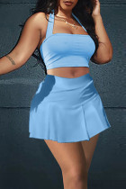 Blue Sexy Solid Split Joint Backless Fold Halter Sleeveless Two Pieces