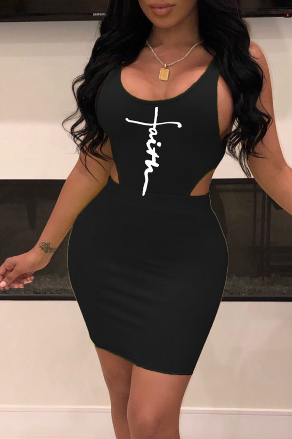 Black Sexy Print Patchwork U Neck Two Pieces