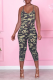 Army Green Sexy Print Patchwork Spaghetti Strap Skinny Jumpsuits