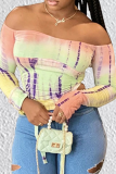 Pink Sexy Print Patchwork Off the Shoulder Tops