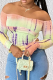 Pink Sexy Print Patchwork Off the Shoulder Tops