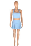 Blue Sexy Solid Patchwork Backless Fold Halter Sleeveless Two Pieces