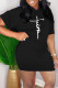 Black Casual Print Patchwork Hooded Collar Short Sleeve Two Pieces