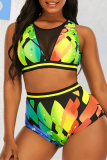 Yellow Fashion Sexy Print Patchwork See-through Swimwears