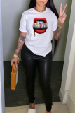 White Fashion Street Lips Printed Patchwork O Neck T-Shirts