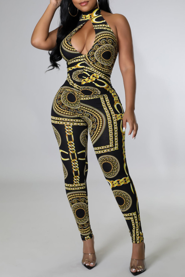 Black Fashion Sexy Not Positioning Printed Strap Design Halter Skinny Jumpsuits