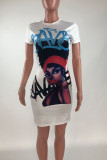 White Casual Street Print Patchwork O Neck Straight Dresses