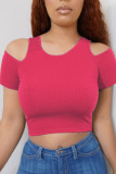 Rose Red Casual Simplicity Solid Split Joint O Neck T-Shirts