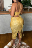 Gold Sexy Solid Sequins Patchwork Backless Spaghetti Strap One Step Skirt Dresses