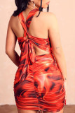Purple Sexy Print Patchwork Draw String Fold Dresses
