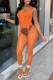 Tangerine Red Sexy Solid Patchwork See-through Asymmetrical U Neck Two Pieces