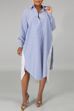 Blue Casual Striped Print Patchwork Buckle Turndown Collar Shirt Dress Dresses