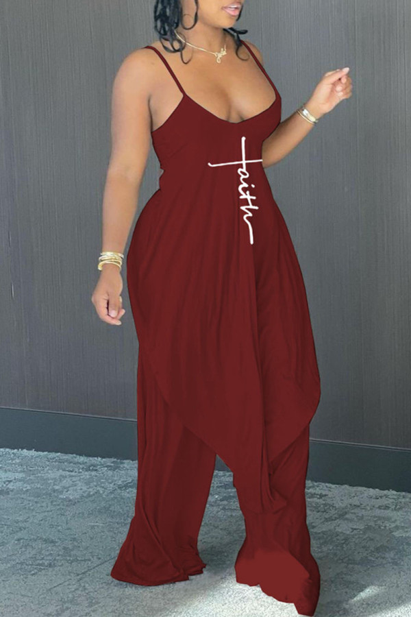 Burgundy Sexy Casual Print Backless Asymmetrical Spaghetti Strap Sleeveless Two Pieces