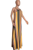 Rainbow Color Sexy Casual Striped Print Backless Spaghetti Strap Long Dress Dresses