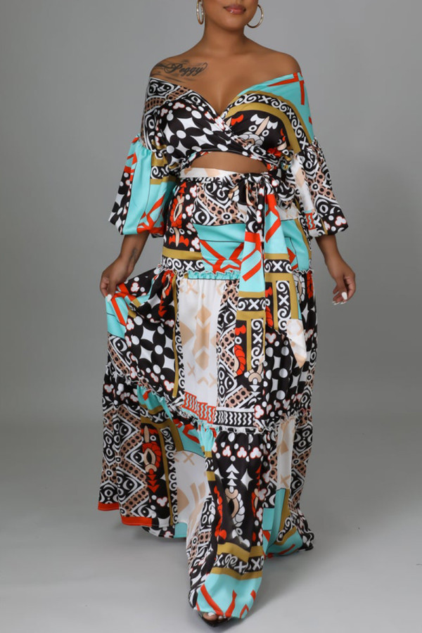Blue Fashion Sexy Bohemian Vacation Mixed Printing Strap Design Half Sleeve Two Pieces