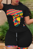 Black Fashion Casual Print Basic O Neck Short Sleeve Two Pieces