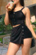 Black Sexy Casual Solid Patchwork Asymmetrical Spaghetti Strap Sleeveless Two Pieces