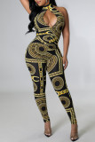 Black Fashion Sexy Not Positioning Printed Strap Design Halter Skinny Jumpsuits