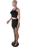 Black Sexy Casual Solid Patchwork Asymmetrical Spaghetti Strap Sleeveless Two Pieces