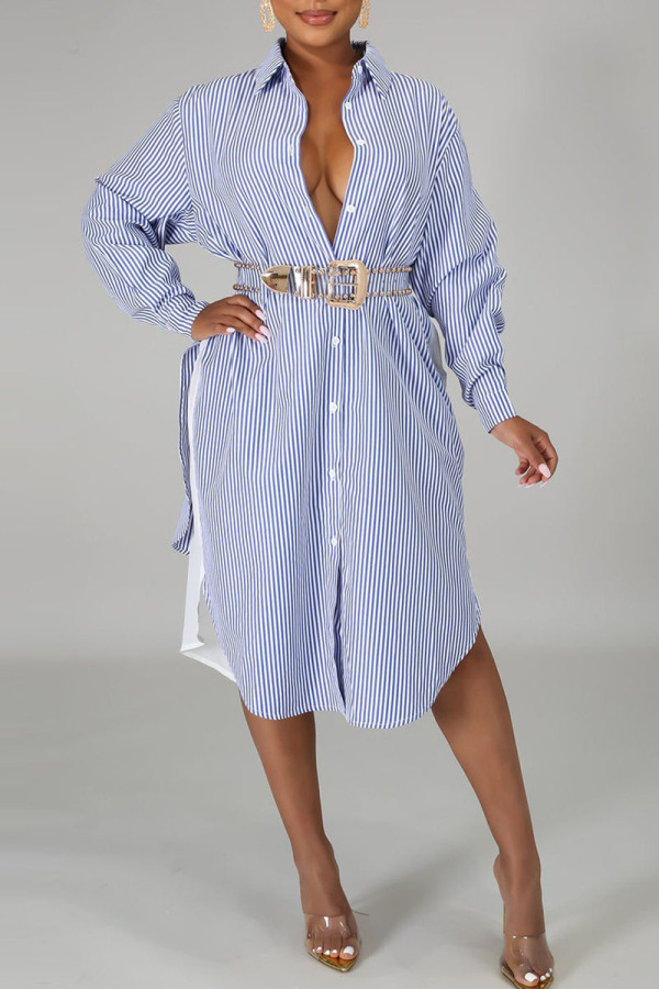 Blue Casual Striped Print Patchwork Buckle Turndown Collar Shirt Dress Dresses