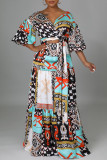 Blue Fashion Sexy Bohemian Vacation Mixed Printing Strap Design Half Sleeve Two Pieces