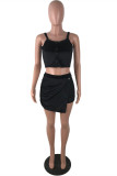 Black Sexy Casual Solid Patchwork Asymmetrical Spaghetti Strap Sleeveless Two Pieces