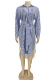 Blue Casual Striped Print Patchwork Buckle Turndown Collar Shirt Dress Dresses